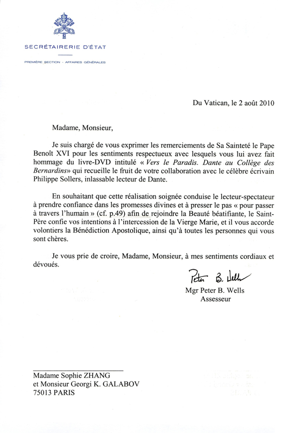 Vers le Paradis - Lettre du Vatican